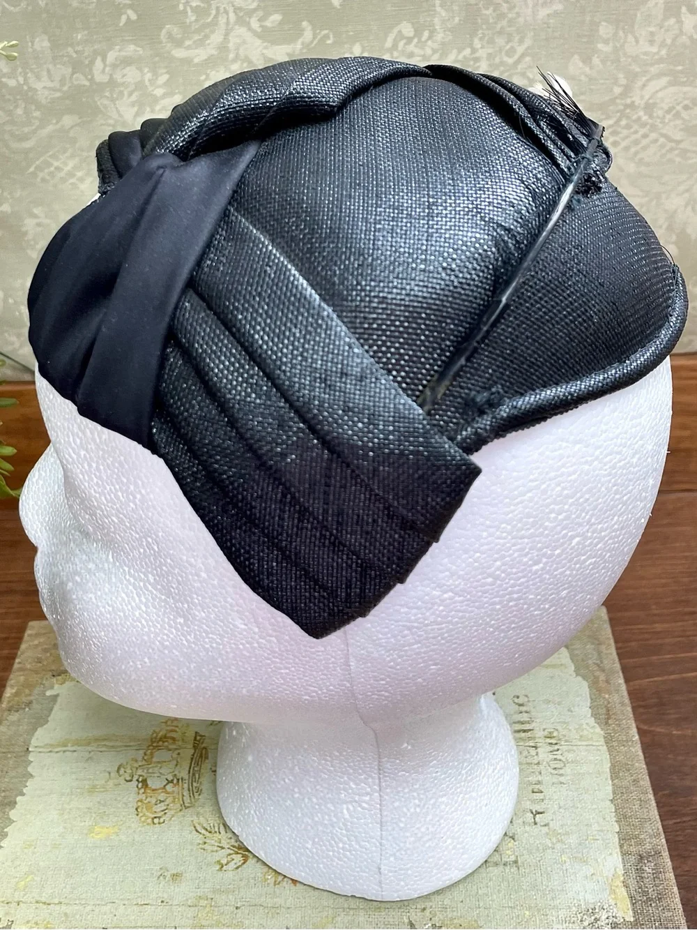Vintage 1950s The Fashion Black Pleated Half Hat Turban Feather Fascinator